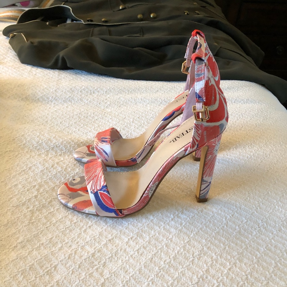 JustFab Coral, Blue & White Floral Ankle-Strap Stiletto Heels